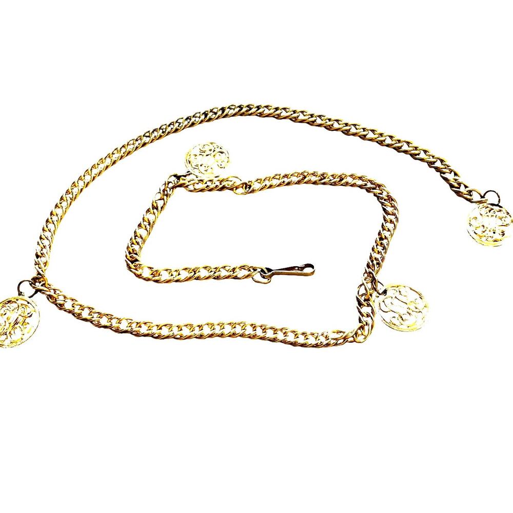 Adjustable goldtone chain belt with ornate dangling discs vintage 90's fashion